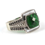 Sterling Silver Synthetic Emerald Men's Ring - Four-Cornered Faceted Stone