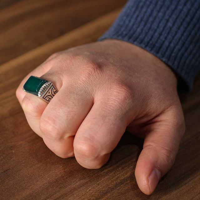 Men's 925 Sterling Silver Ring with Rectangular Green Agate