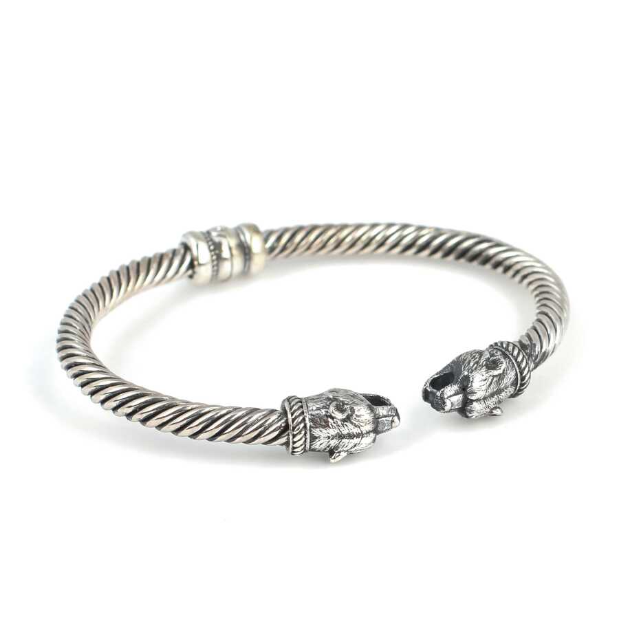 Sterling Silver Men's Bracelet - Twisted Bear Head Spring Design
