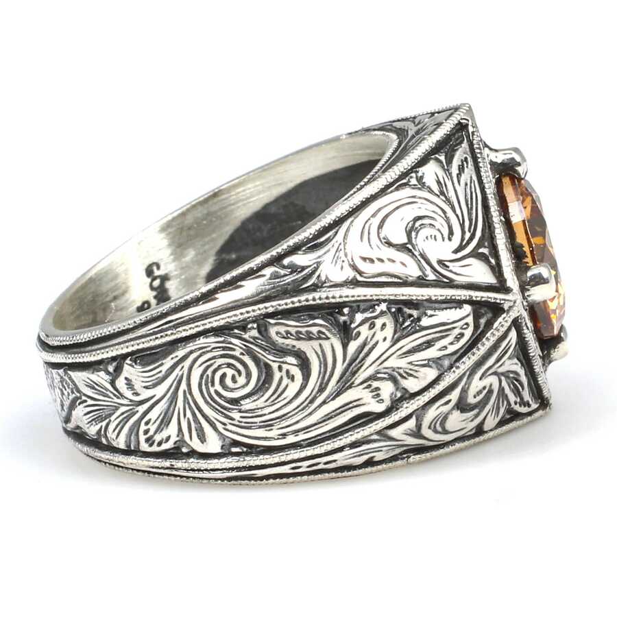 925 Sterling Silver Men's Citrine Cross Square Hand-Engraved Ring