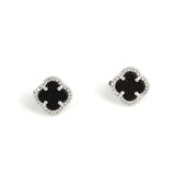 Elegant 925 Sterling Silver Clover Onyx Stud Earrings with Zircon Accents