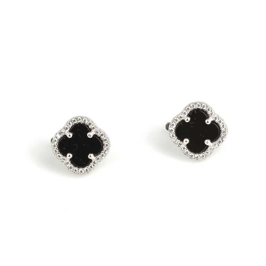 Elegant 925 Sterling Silver Clover Onyx Stud Earrings with Zircon Accents