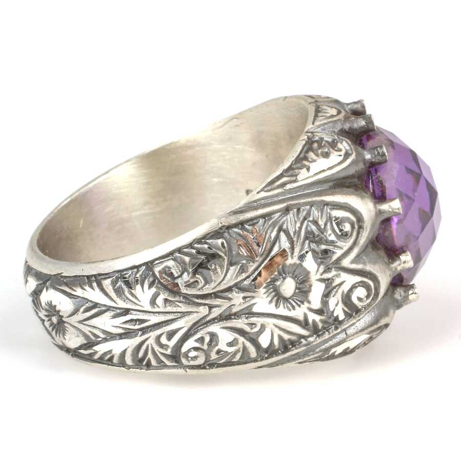 Sterling Silver Men's Ring - Hand-Engraved with Synthetic Amethyst