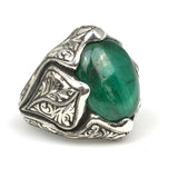 Bague homme en argent sterling 925 - Jade ovale et motif de feuille gravé à la main