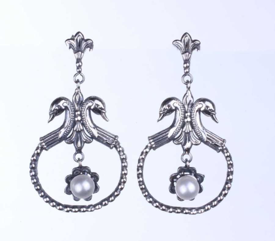 Sterling Silver Pearl Swan Earrings - Antique Byzantine Style