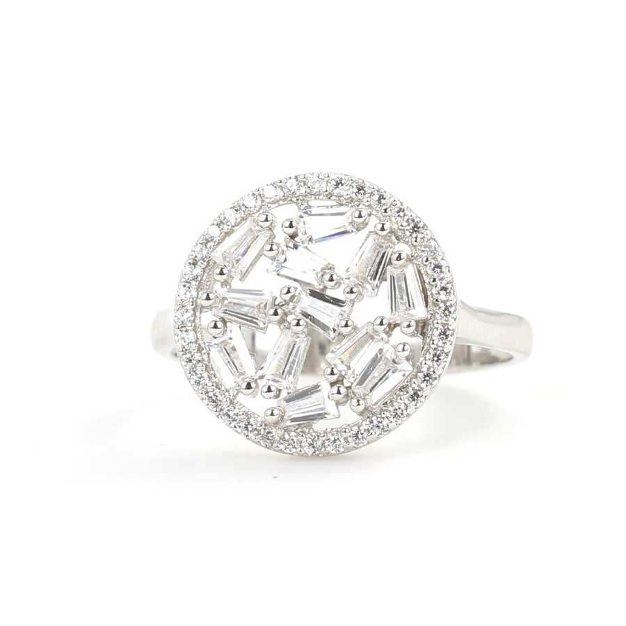 925 Sterling Silver Baguette Zircon Ring - Contemporary Round Design
