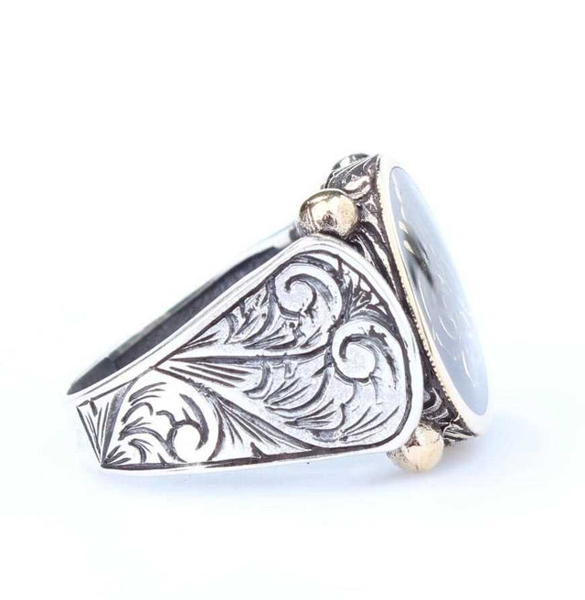925 Sterling Silver & Bronze Men's Ring - Black Enamel Ottoman Calligraphy Seal