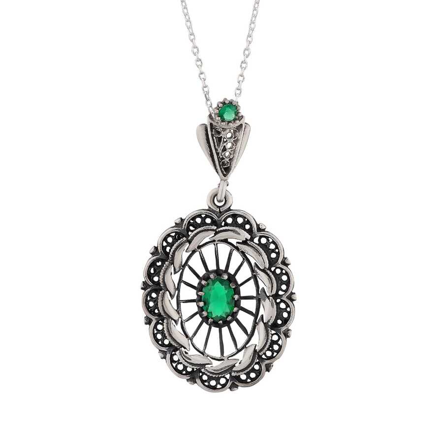 Sterling Silver Green Zircon Filigree Pendant - Handcrafted Elegance