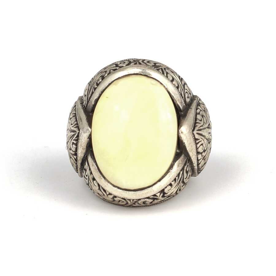 925 Sterling Silver Men's Ring - Hand-Engraved Ivory Oval Stone