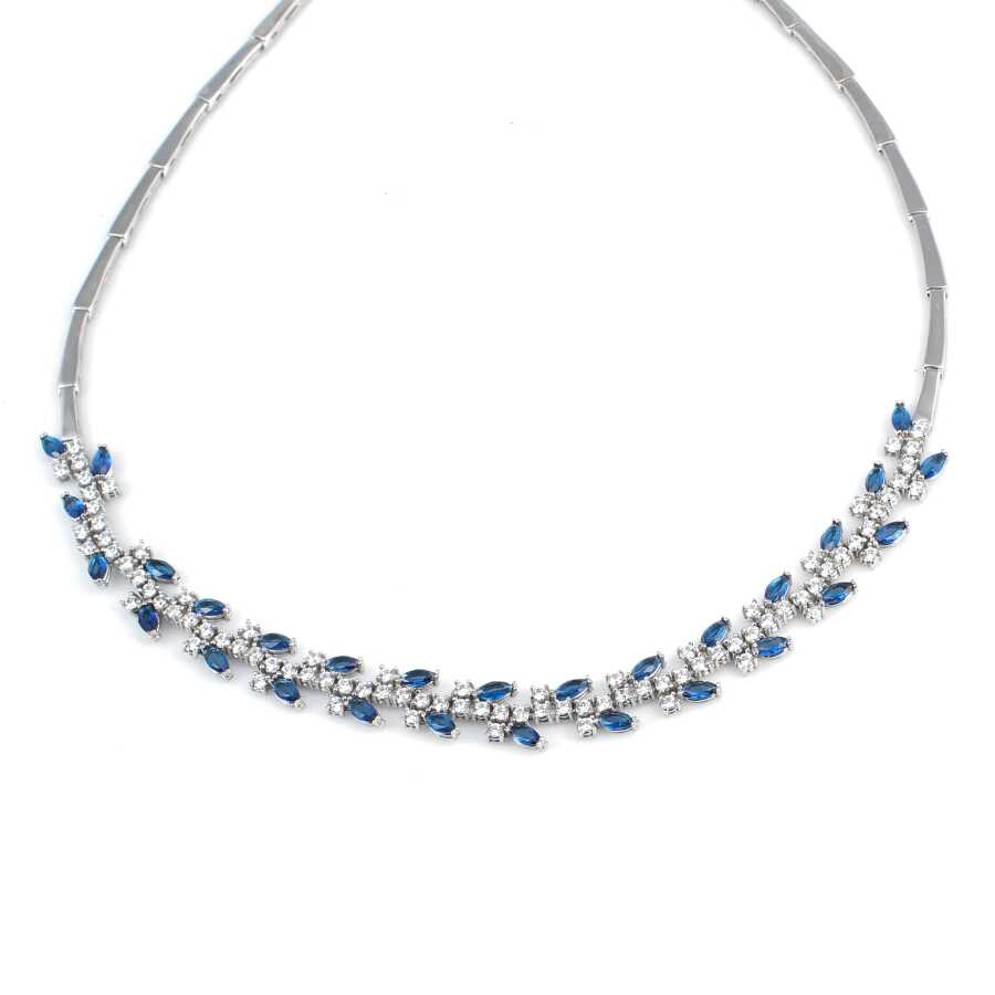 Sterling Silver Zircon Waterfall Necklace - Leaf Motif Design
