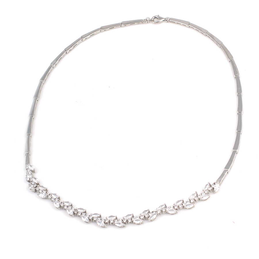 Sterling Silver White Zircon Leaf Tennis Necklace