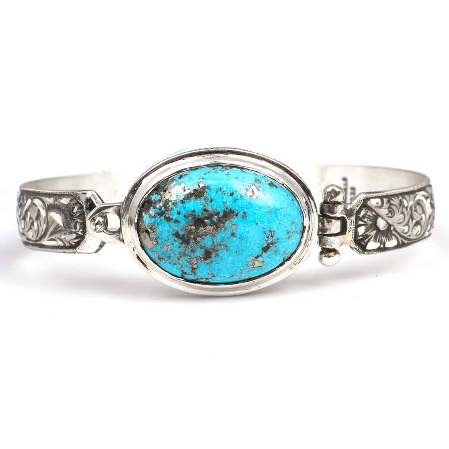 Sterling Silver Turquoise Unisex Bracelet with Hand-Engraved Design