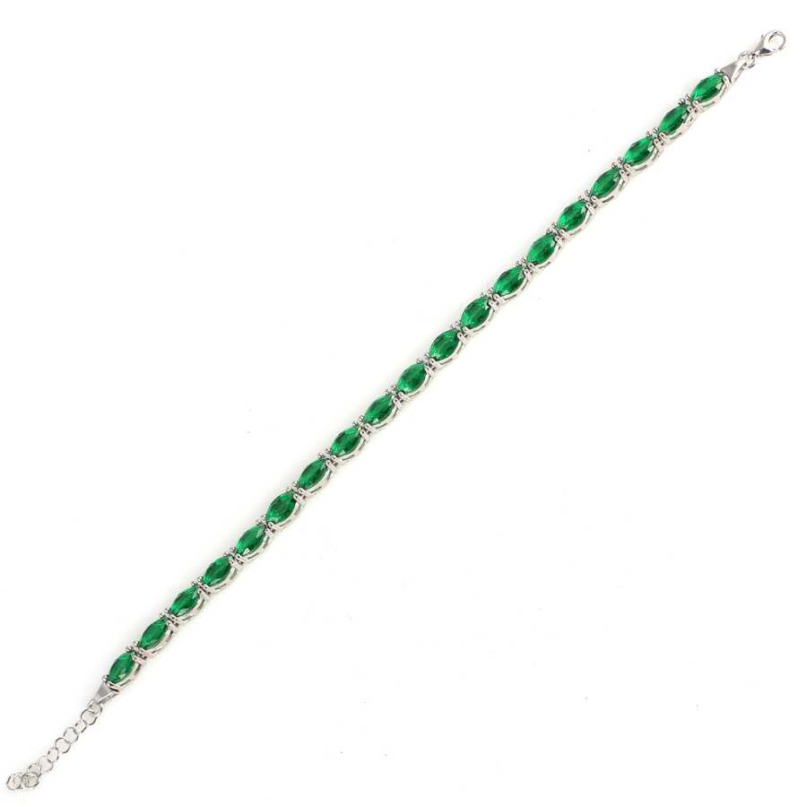 Sterling Silver Synthetic Emerald Tennis Bracelet - Almond Cut