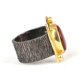 925 Sterling Silver Tree Bark Pattern Open Ring with Agate & Zircon