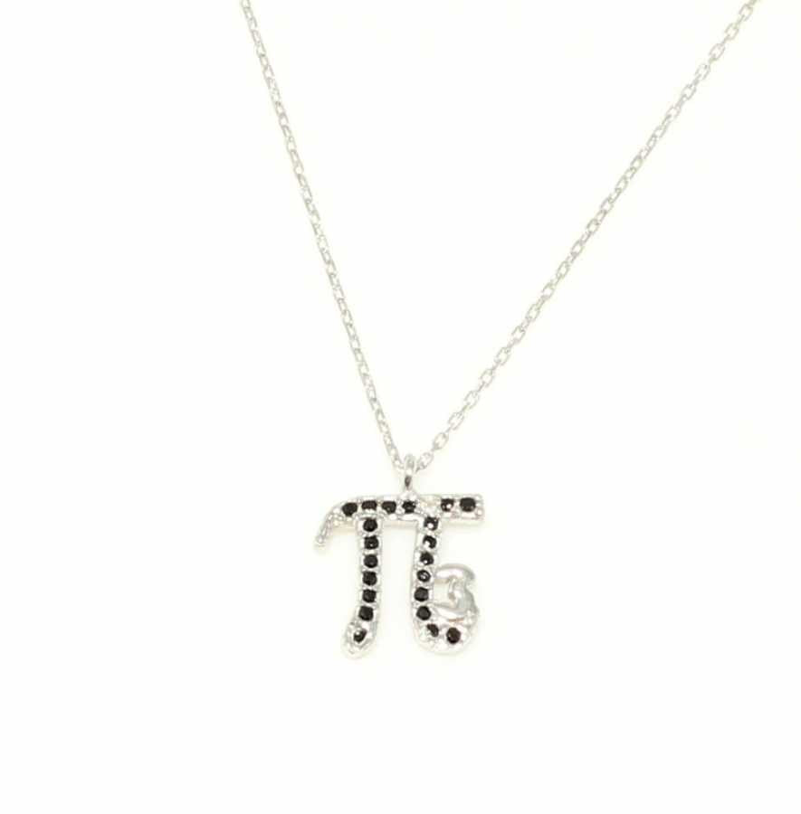 925 Sterling Silver Pi Symbol Necklace with Black Zircon Stone