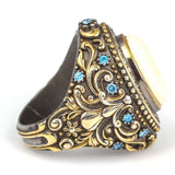 Anillo premium para hombre de plata de ley con circonio marfil y aguamarina