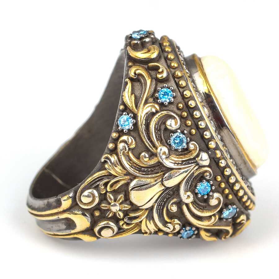 Anillo premium para hombre de plata de ley con circonio marfil y aguamarina