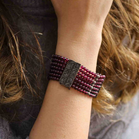 925 Sterling Silver 7-Row Garnet Statement Bracelet