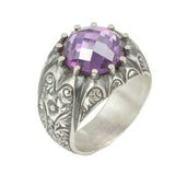 Sterling Silver Men's Ring - Hand-Engraved with Synthetic Amethyst