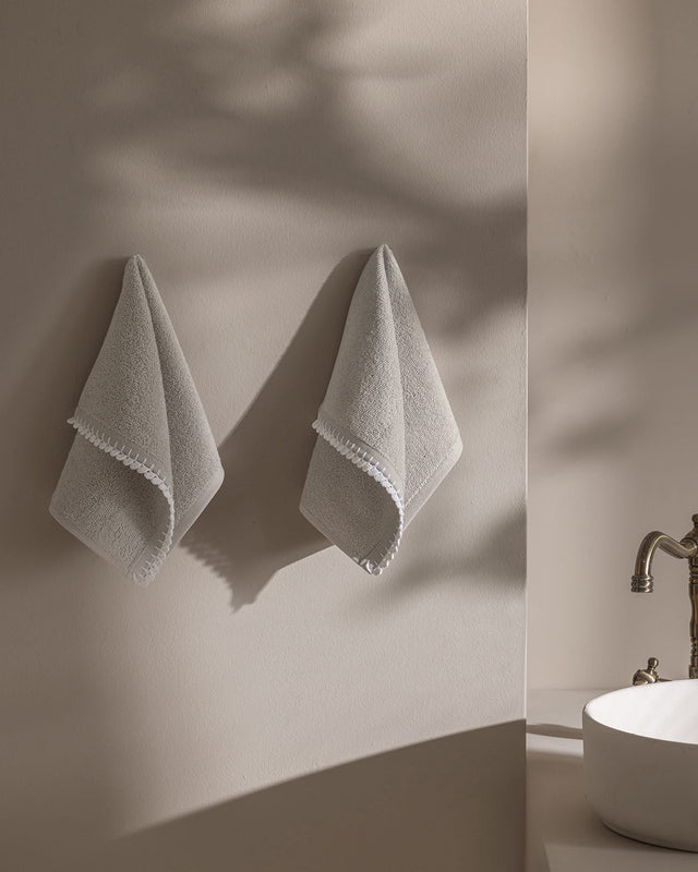 Crocheted 100% Cotton Hand Towel Set - 2 Pack, Grey & White