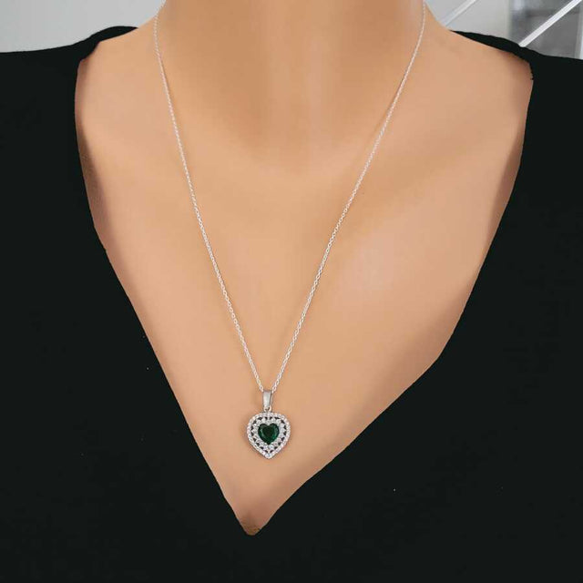 925 Sterling Silver Double Row Entourage Heart Emerald Zircon Necklace
