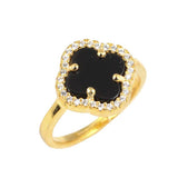 Sterling Silver Onyx Clover Design Ring with Zircon Accents