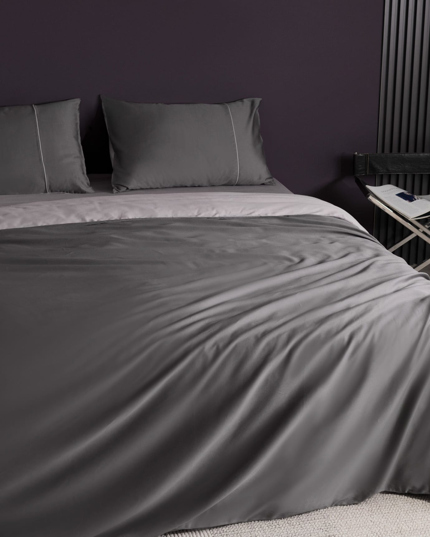 Premium 100% Cotton Sateen Piped Duvet Cover Set - Full/Queen - Anthracite Grey