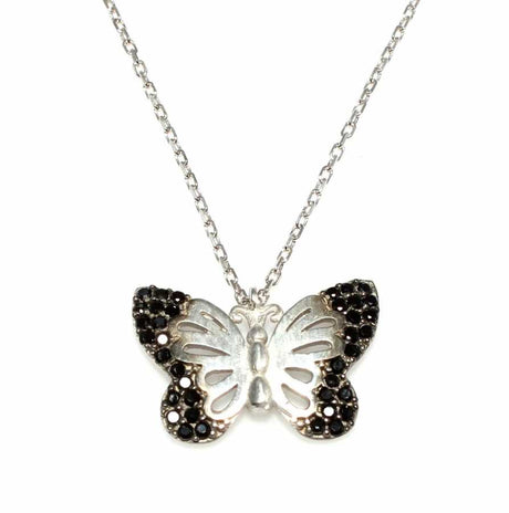 Sterling Silver Butterfly Pendant Necklace - Black Zircon