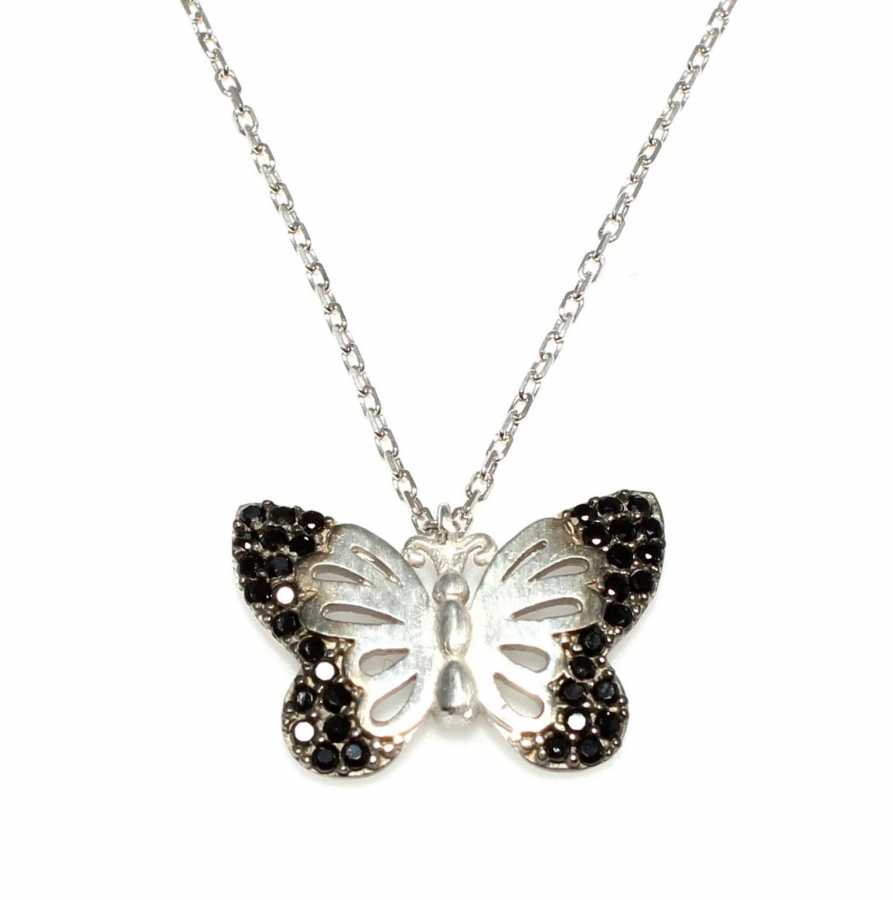 Sterling Silver Butterfly Pendant Necklace - Black Zircon