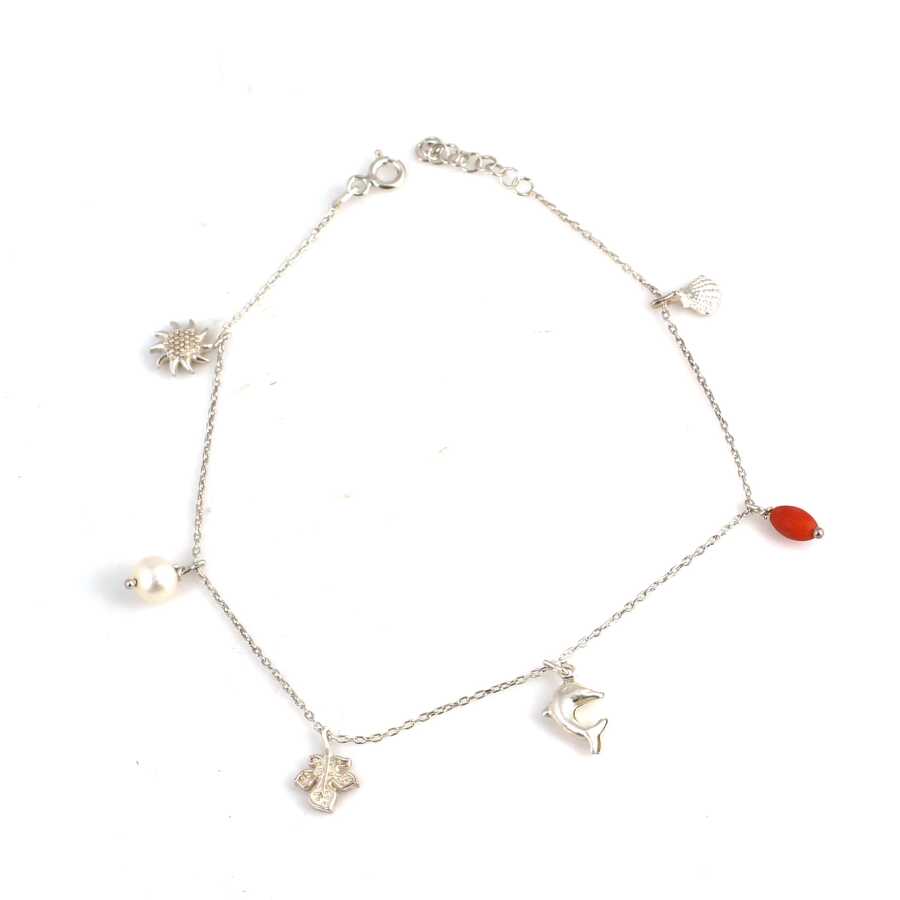 925 Sterling Silver Trendy Summer Charm Anklet - Pearl & Coral