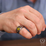 925 Sterling Silver Hand-Engraved Men's Ring with Synthetic Emerald