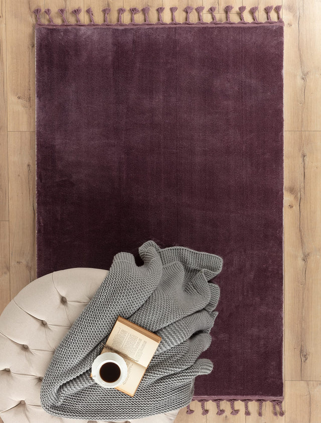 Polyester Fringed Area Rug - Non-Slip, Dark Plum