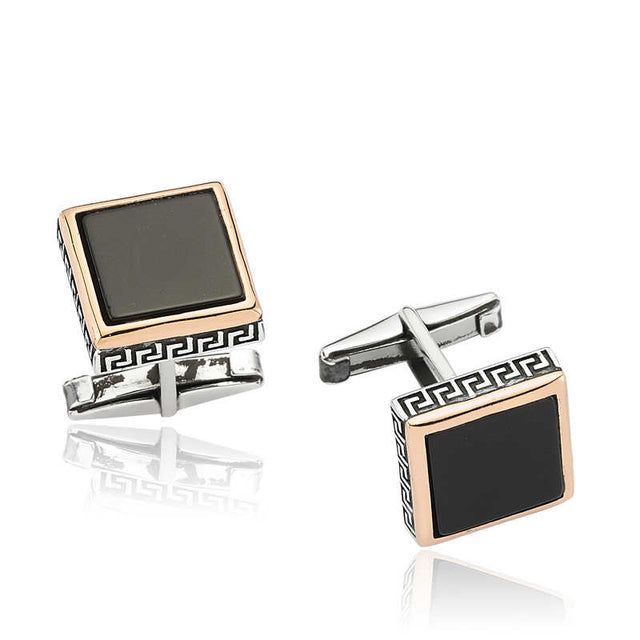 Cufflinks - Onyx Silver & Rose Gold-Tone Greek Key Design