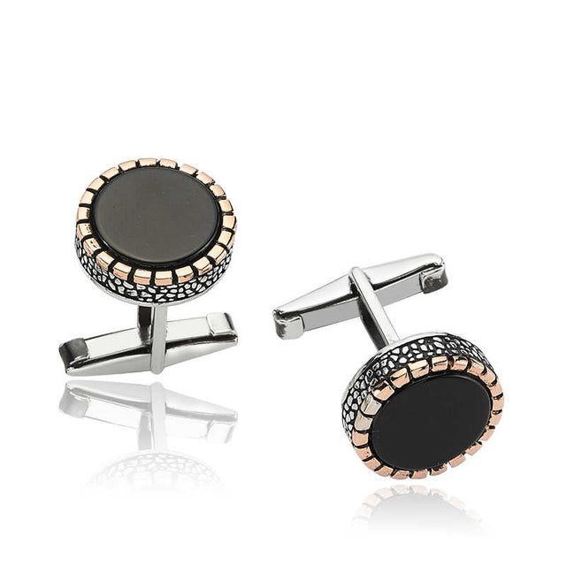 Cufflinks - Sterling Silver & Rose Gold Onyx Textured
