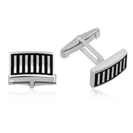 Cufflinks - Silver-Tone Metal with Black Striped Enamel Design