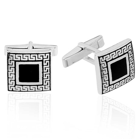 Cufflinks - Elegant Silver-Tone Greek Key Black Enamel Square Design