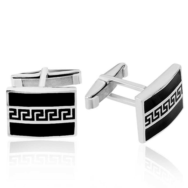 Cufflinks - Elegant Silver-Tone Greek Key Black Enamel Design