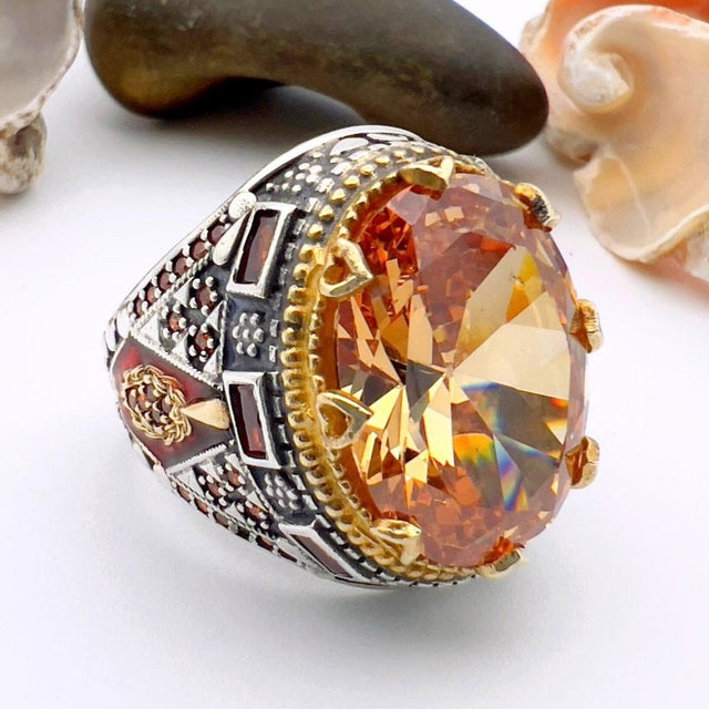 Champagne Citrine Oval Stone Men's Ring