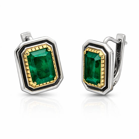 Leverback Earrings - Sterling Silver & Gold-Tone Emerald-Cut Green Stone