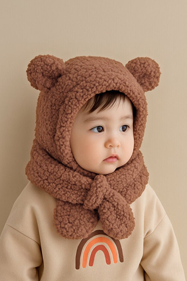 Children's Hooded Plush Bear Ear Beanie Scarf - Warm & Windproof - TryAladdin