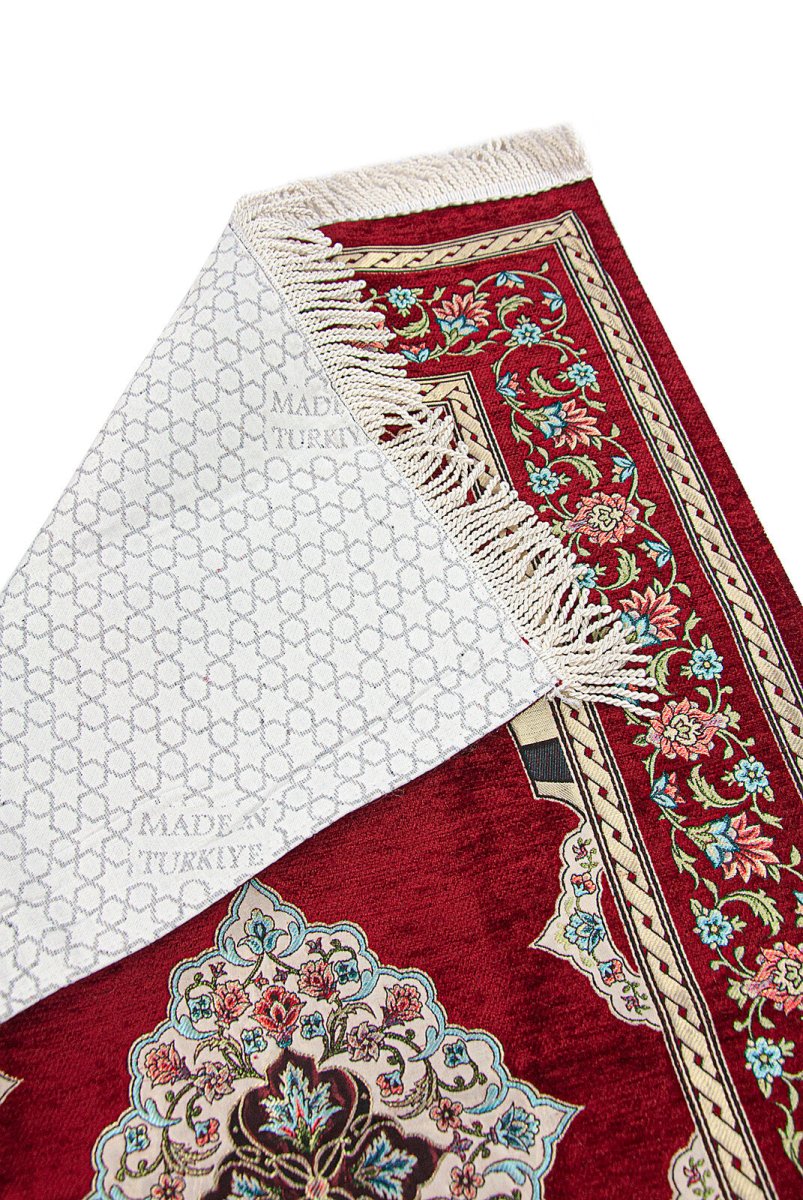 Claret Red Flower Motifed Mihrab Lined Chenille Prayer Rug - TryAladdin