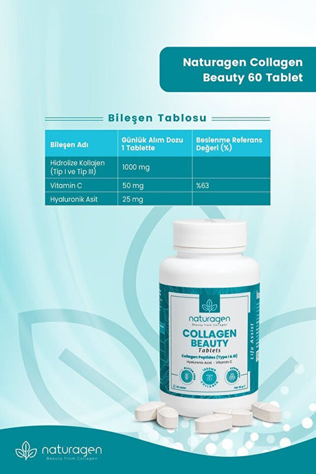Collagen Beauty Tablets - Type I & III, Hyaluronic Acid & Vitamin C (2x60) - TryAladdin