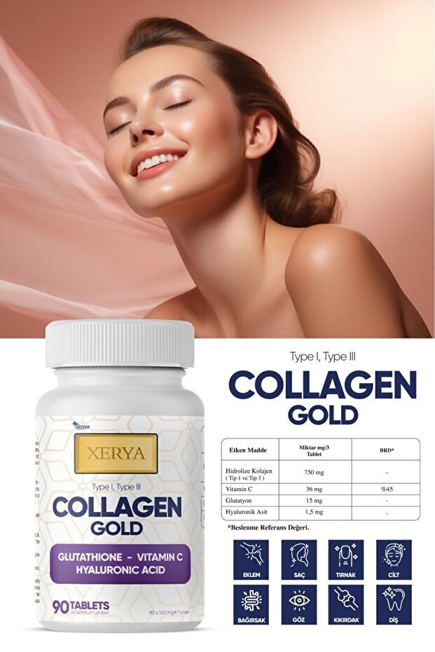 Collagen Gold - Type 1 & 3, Glutathione, HA, Vit C - 90 Tablets - TryAladdin