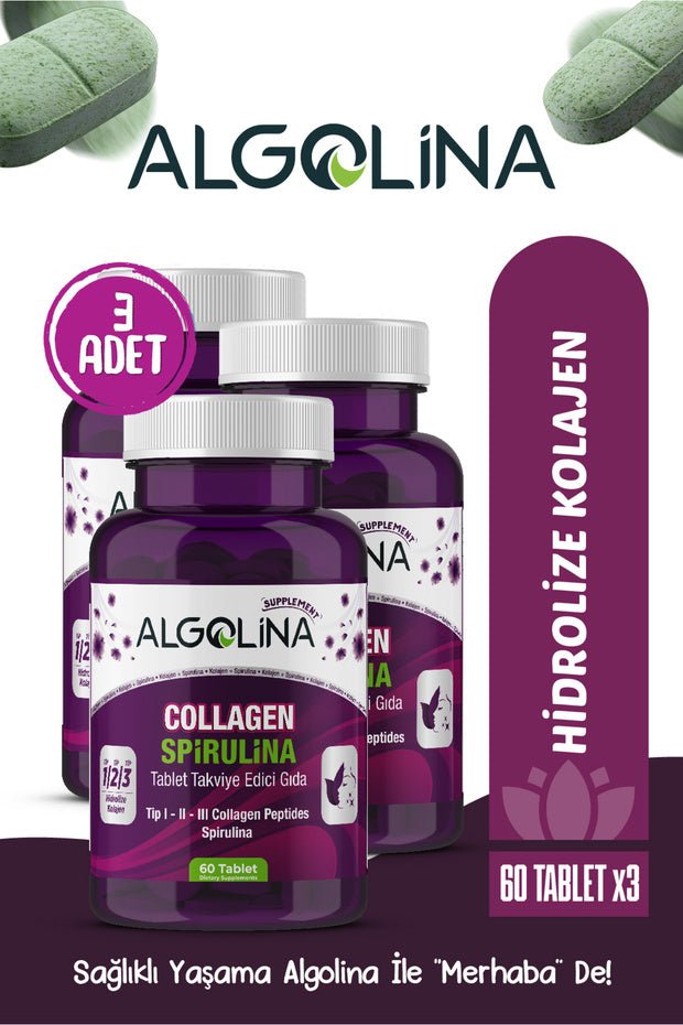 Collagen + Spirulina Tablets - Type I, II, III - 60 Tablets x 3 Pack - TryAladdin