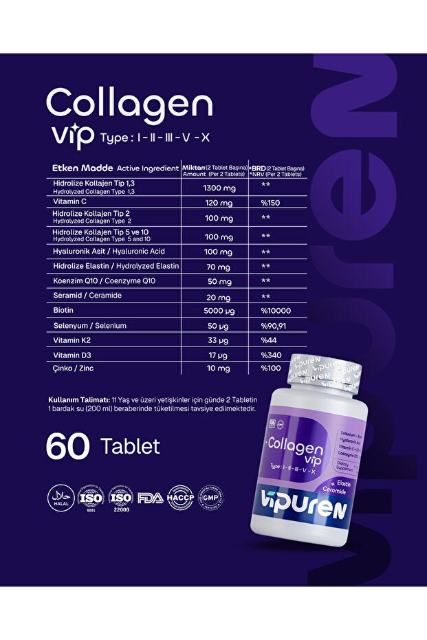 Collagen VIP - 5 Types Collagen, Elastin & Ceramide - 60 Tablets - TryAladdin