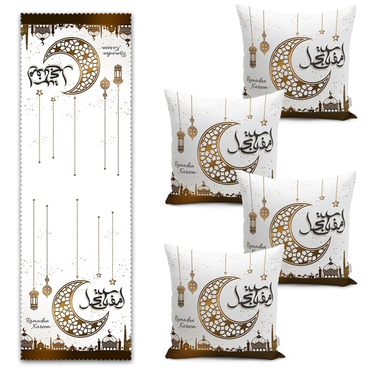 Crescent and Ramadan Lantern Ramadan Kareem Motif Runner and Cushion Pillow Cover Set - TryAladdin