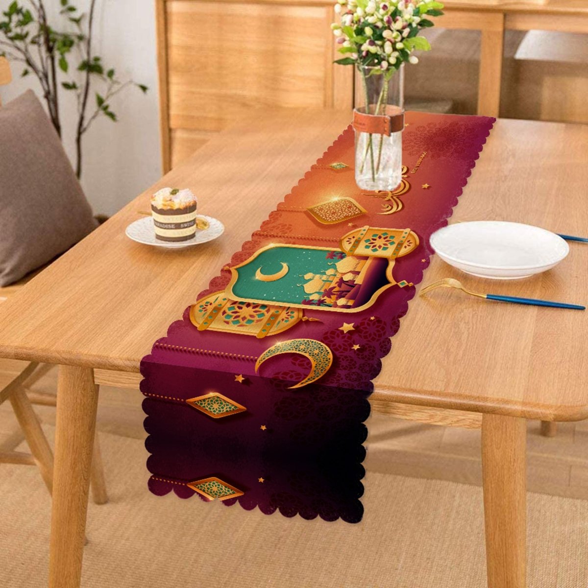 Crescent and Ramadan Lantern Specially Designed Digital Printed Runner and Cushion Pillow Cover Set - TryAladdin