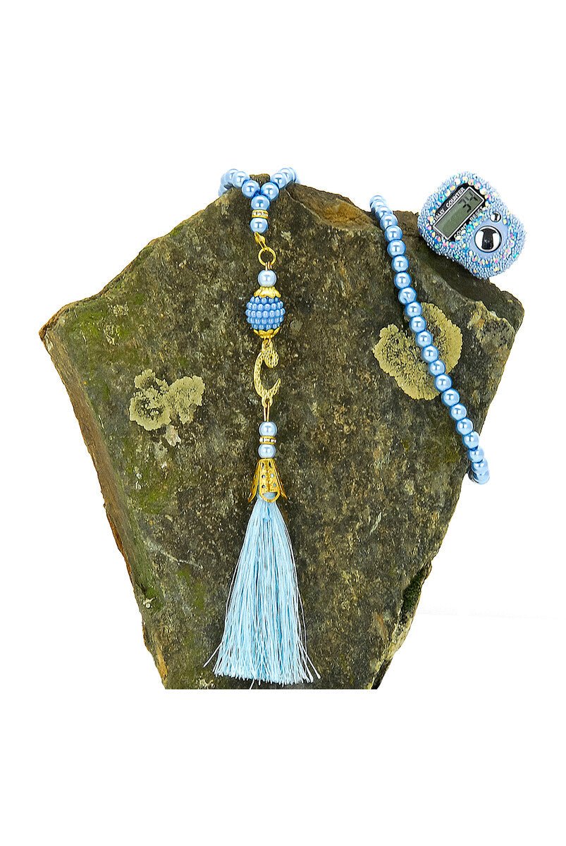 Crystal Stone Prayer Bead and Stone Designed Dhikrmatic Gift Set. Blue Color - TryAladdin