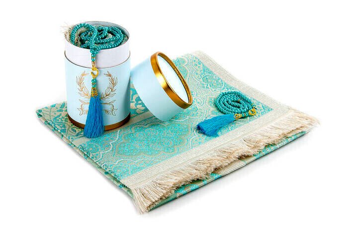 Cylender Boxed Prayer Rug and Pearl Tasbih Gift Set, Blue - TryAladdin