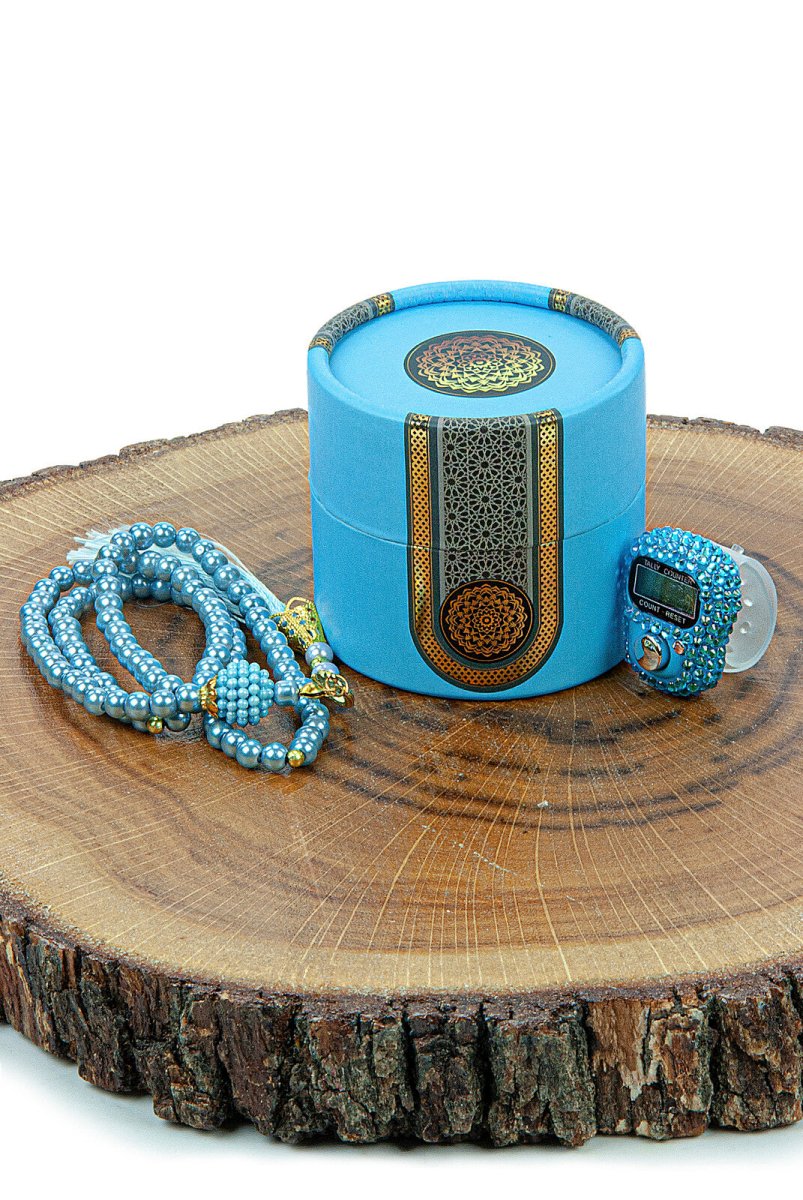 Cylinder Boxed Pearl Tasbih and Stone Designed Dhikrmatic Gift Set Blue - TryAladdin